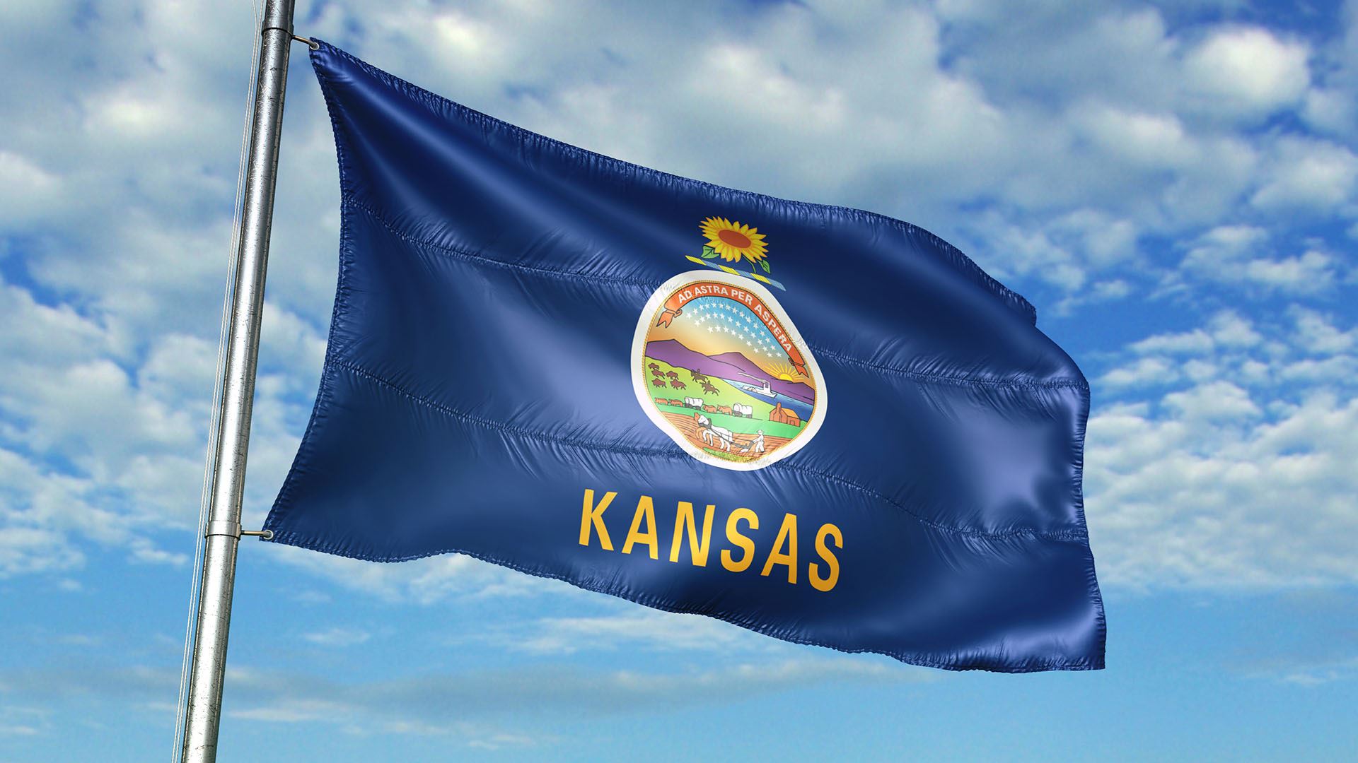Kansas state flag flying in the wind