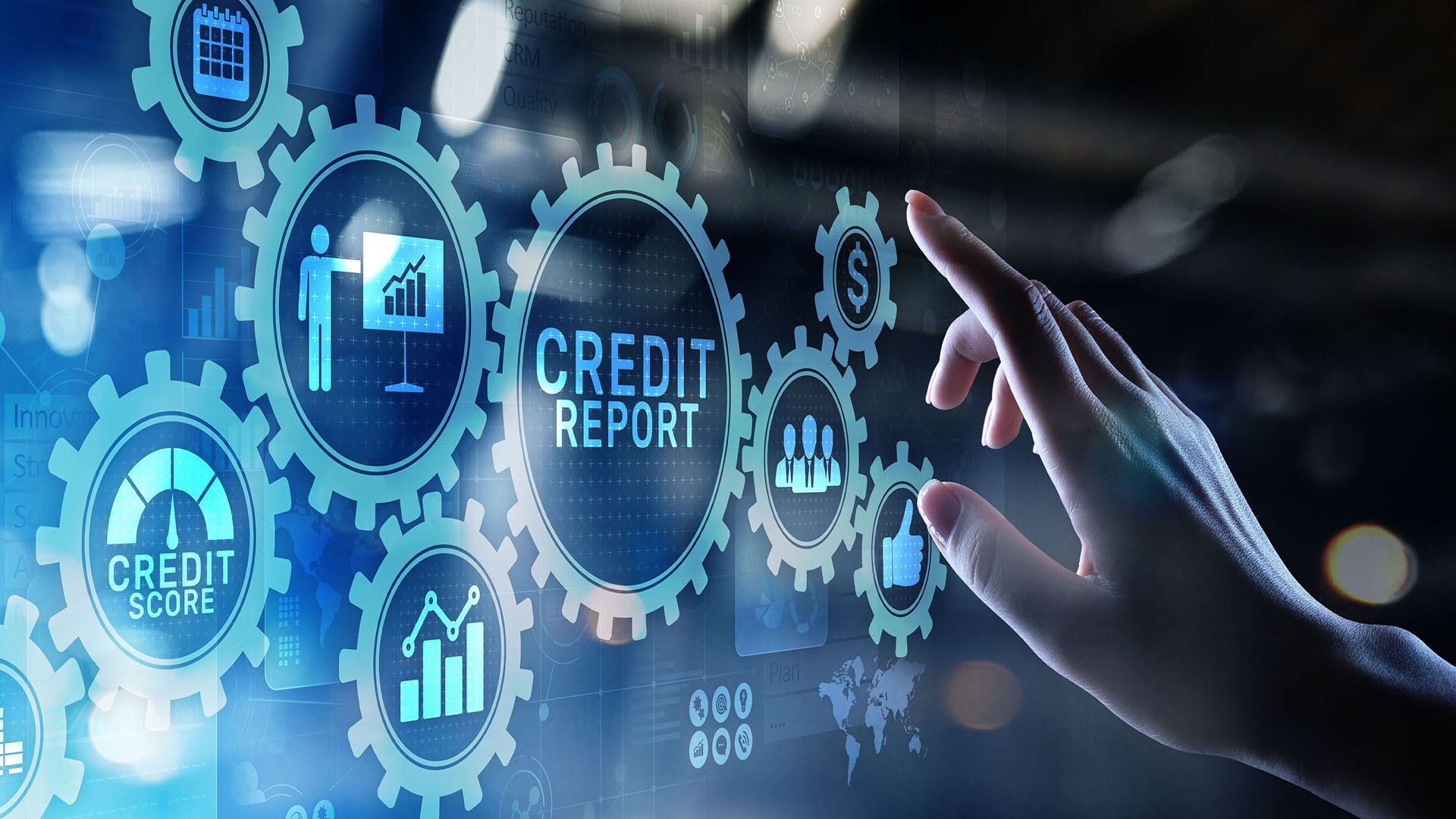 digital drawings of gears with credit report written in the center